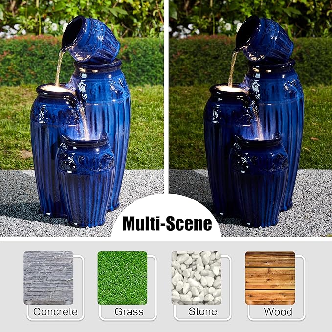 Glitzhome Water Fountain Outdoor with LED Lights, 4-Tier Ceramic Pots Outdoor Water Fountain, Embossed Pattern Cascading Water Feature for Garden Patio Backyard, Cobalt Blue, 27.25" H
