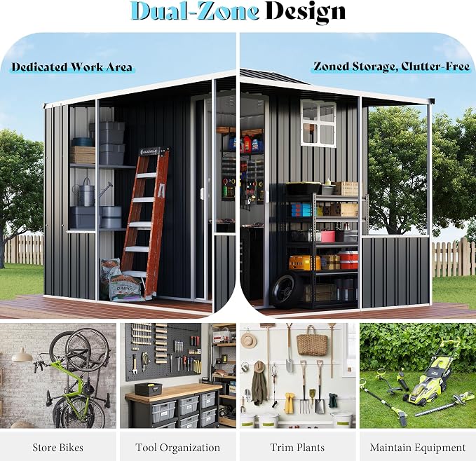 VanAcc 9x9x7 FT Metal Storage Shed, Dual-Zone Tool Shed with Work Area, Reinforced Frame, Gable Roof, Ventilated Design, Dark Grey - Image 3