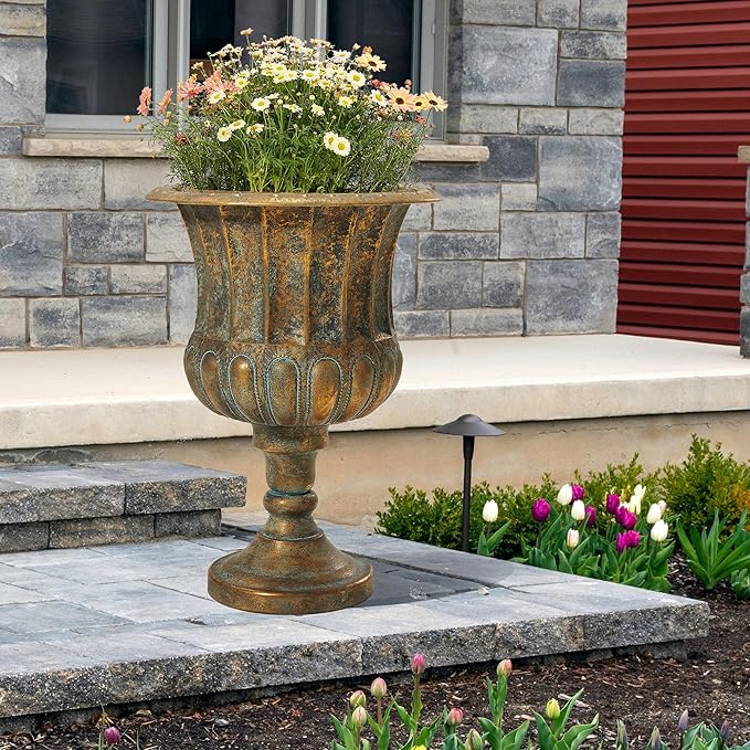 Worth Garden 24.5" H. Metal Urn Planters 2-Pack - Bronze Classic Antique Iron Plant Pots - Large Decorative Rustic Flower Pots for Outdoor Use - Traditional Urn Planter for Patio, Front Porch
