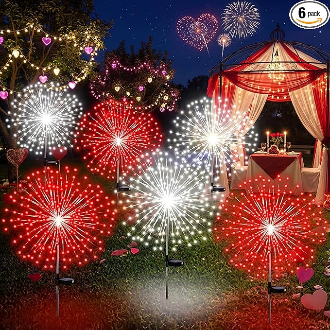6 Pcs Solar Firework Stake Lights 180 LED 8 Modes Solar Waterproof LED Sparkler Lights Outdoor Decoration for Wedding Mother's Day Garden Patio Yard Pathway Walkway Lawn (Red, White)