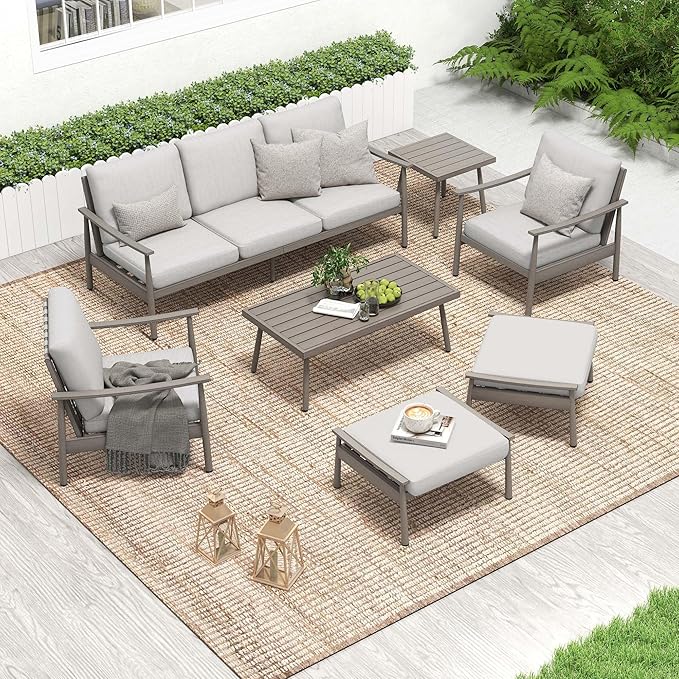 HAPPATIO Patio Outdoor Furniture Set - 7 Pieces Aluminum Outdoor Conversation Set Includes 1 Three-Seater Sofa, 1 Coffee Table, 1 Side Table, 2 Armchairs and 2 Ottomans for Porch Lawn (Grey)