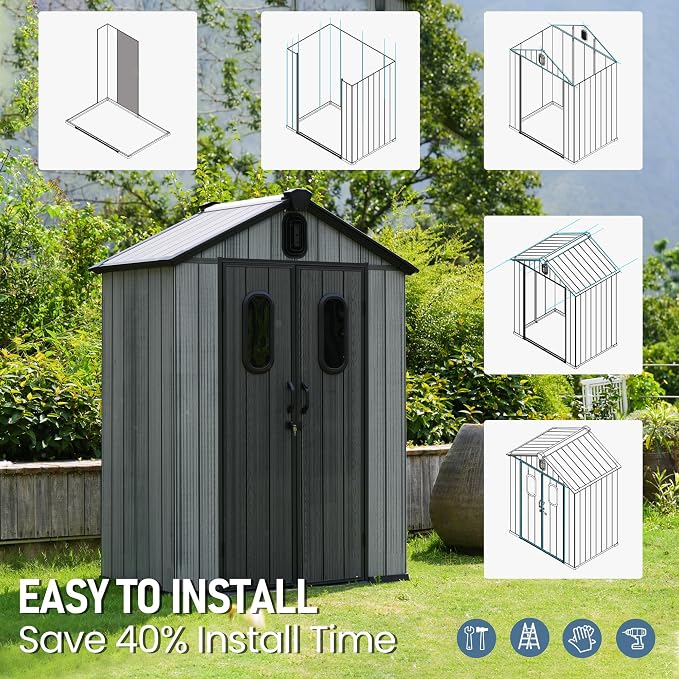 Domi 5x3 FT Outdoor Resin Storage Shed, All-Weather Double-Wall Storage Building for Backyard, Garden, Lawn Tools, Mower, Bike & Pool Equipment, Lockable Doors, Ventilated Roof, Grey - Image 9