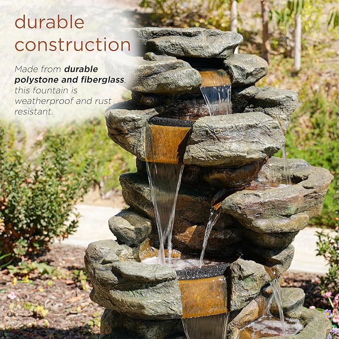 Alpine Corporation 51" Tall 6-Tier Outdoor Rainforest Waterfall Floor Fountain, Weather-Resistant Design with Color-Changing LED Lights & Remote Control, Gray