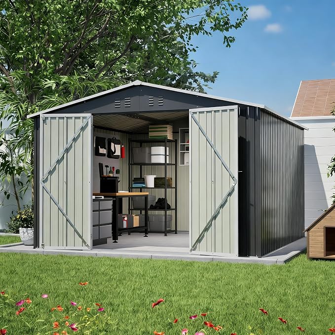 YOPTO 10x10 FT Outdoor Storage Shed,Large Metal Tool Sheds with Updated Frame Structure and Lockable Doors, Garden Shed for Backyard Patio Lawn, Black - Image 4