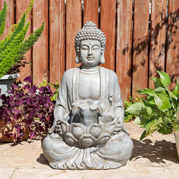 Glitzhome Buddha Fountain Outdoor with Pump & LED Light 23.25" H, 2-Tier Zen Style Concrete Meditating Buddha Statues Water Fountains Floor Fountains Buddhas Sculpture for Garden Patio Backyard