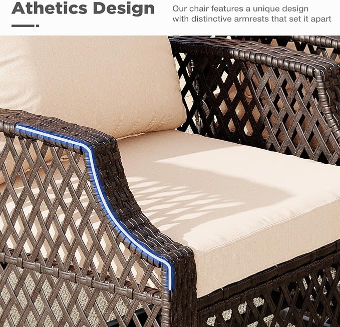 HOMREST 5 Piece Outdoor Swivel Chair Set with Ottomans, Wicker Patio Bistro Set with Thickened 25D Cushions and Glass Coffee Table, Patio Furniture Conversation Set for Yard, Garden, Poolside(Khaki)