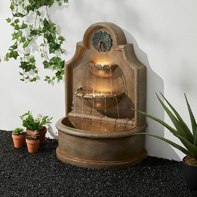 Glitzhome 37.25" H Outdoor Garden Water Fountain with LED Lights and Pump, Oversized Antique European Style 3-Tier Polyresin Cascading Floor-Standing Fountain for Porch Deck Patio Backyard Decoration