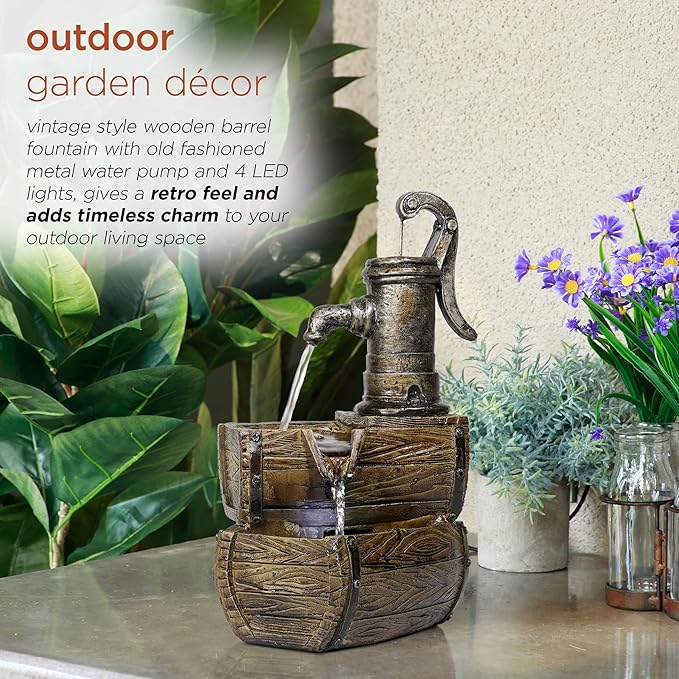 Alpine Corporation WIN826 14” Vintage Water Pump Tabletop Fountain with 2-Tiered Barrel Design & LED Lights – Decorative Indoor Water Feature for Home & Office, Brown