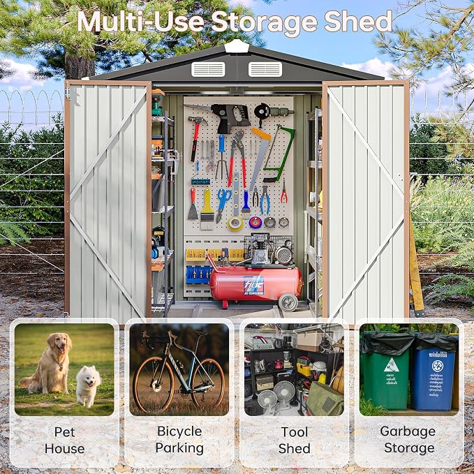 6x4FT Outdoor Storage Shed with Base, Metal Garden Tool Shed with Sloping Roof & Lockable Door for Patio Lawn Backyard (Dark/Base) - Image 5