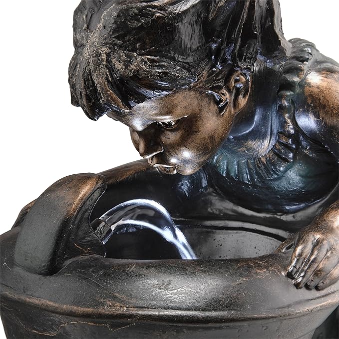 Alpine Corporation GXT472 27" Outdoor Floor Joyful Boy and Girl Drinking Water Fountain, Playful Garden Waterfall with LED Lights – Decorative Water Feature for Patios, Yards, and Gardens, Bronze