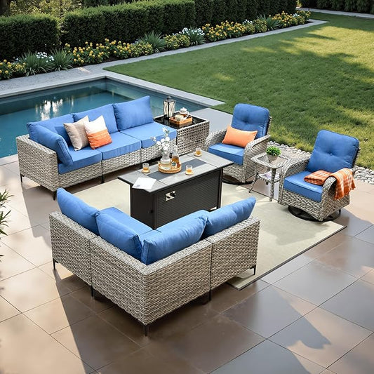 11 Pcs Patio Furniture with Fire Pit Table, Outdoor Rattan Wicker Conversation Set with Glowing Coffee Table, Comfy Sectional Sofa for Porch Balcony Backyard Pool, Light Blue