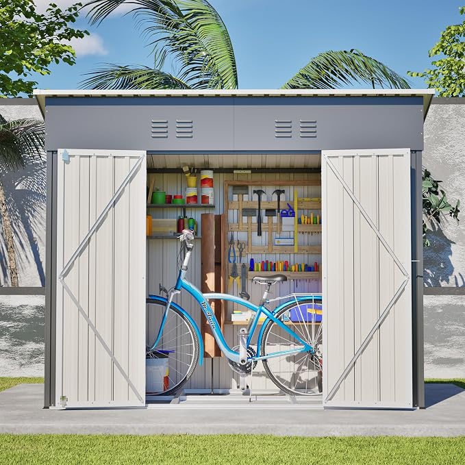 YOPTO 4x8 FT Outdoor Storage Shed,Slope Roof Storage Metal Garden Shed Steel with Reinforced Beams,All Weather Waterproof Garden Tool House W/Lockable Door & 4 Air Vents,for Backyard,Patio,Lawn,Grey - Image 3