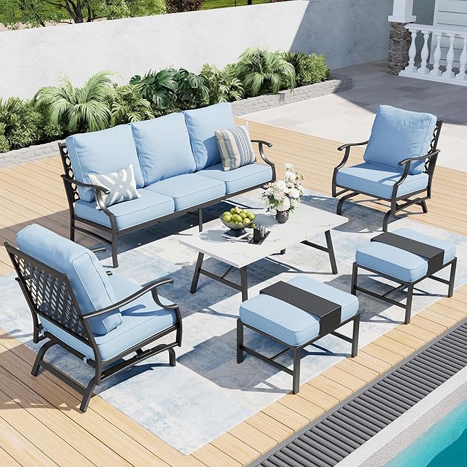 6 Piece Metal Outdoor Patio Furniture Set, Patio Conversation Set 1 3-seater Sofa, 2 Rocking Chair, 2 Ottomans with 5.75" Thick Cushion and Coffee Table, Black Backyard Furniture, Blue