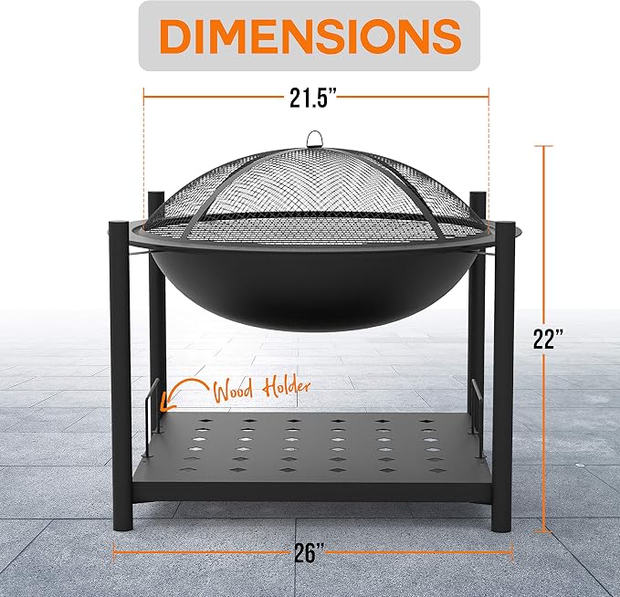 SereneLife Outdoor Wood Fire Pit - 26" Steel BBQ Grill with Mesh Spark Screen, Log Grate, Fire Poker & Cover for Camping, Picnic, Bonfire - Durable, Easy to Assemble, 2 in 1 - Image 2