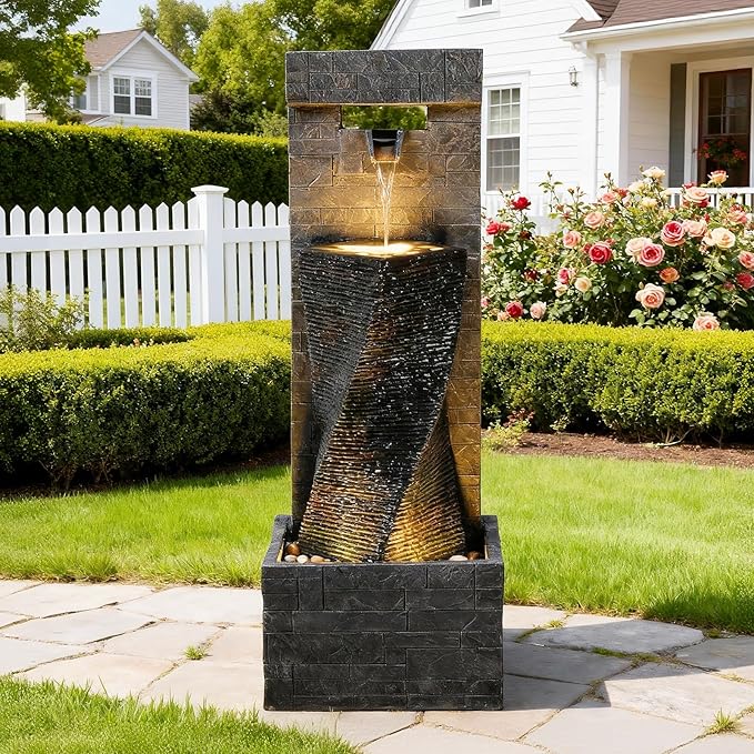39.8" H Large Modern Indoor Water Fountains Floor Standing Waterfall Fountain for Indoor or Outdoor with LED Lights and Pump for Deck, Patio, Porch, Garden, Yard Decor