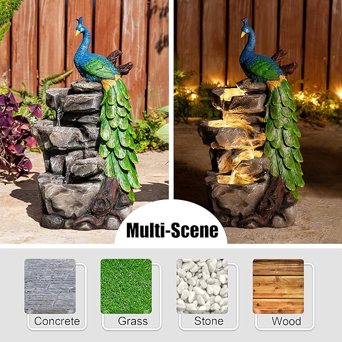 Glitzhome Outdoor Water Fountain,20.5" H Polyresin Outdoor Fountain with Lights, 4-Tierd Peacock W/Stacked Stone Decorative Waterfall Feature Garden Fountain with Pump for Garden, Patio, Porch Decor