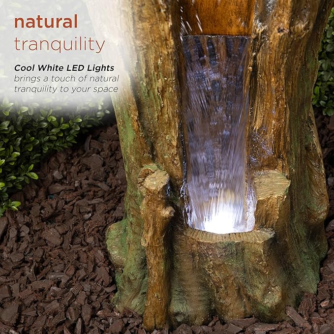 Alpine Corporation TZL294 Outdoor Tree Trunk Floor Fountain with Cool White LED Lights, Tiered Garden Decor, 22" H, Brown