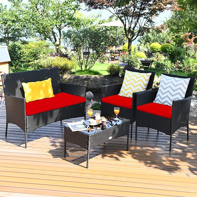 4 Pieces Patio Furniture Set, Outdoor Conversation Set with Ergonomic Curved Backrest, Patio Chair Set with Water-Resistant Cushion & Tempered Glass Table for Balcony,Porch,Poolside (Red)