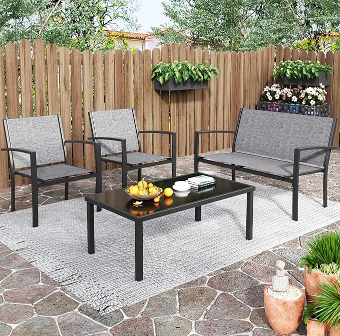Greesum 4 Pieces Patio Furniture Set, Outdoor Conversation Sets for Patio, Lawn, Garden, Poolside with A Glass Coffee Table, Gray