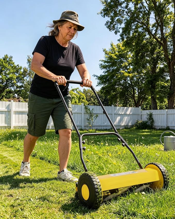 14-Inch Hand Push Reel Lawn Mower, 5-Blade Manual Push Lawnmower, 0.4-4“ Adjustable Cutting Height, Lightweight for Small/Medium Yards, Easy Assembly, Compact & Quiet, Yellow - Image 2