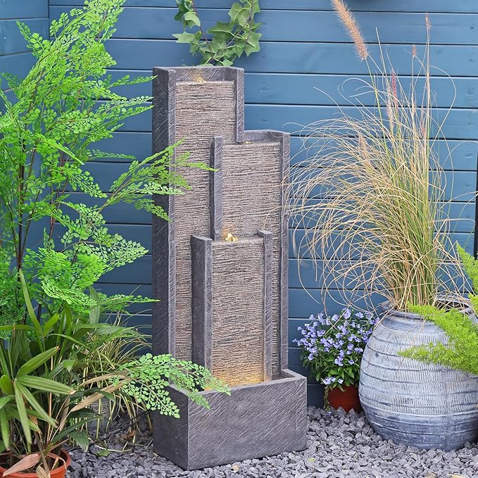 Indoor Water Fountain 39.3” H Modern Cascading Floor - Standing Fountan Contemporary Curves Watefalls for Porch, Office, House, Garden, Patio