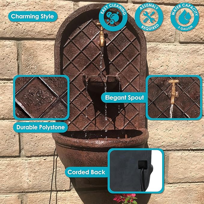 Sunnydaze 26" Outdoor Wall Water Fountain with Pump - Bronze - Messina - Electric
