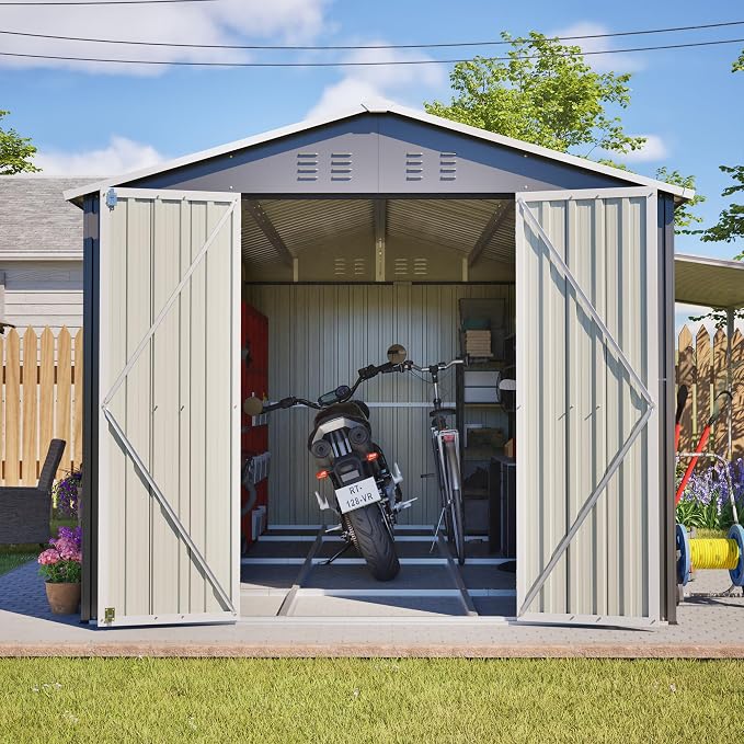 YOPTO 8x12 FT Large Outdoor Storage Shed with Lockable Doors & Floor Base,Weather-Resistant Metal Tool Shed for Garden, Backyard,Patio,Lawn,Gray - Image 3