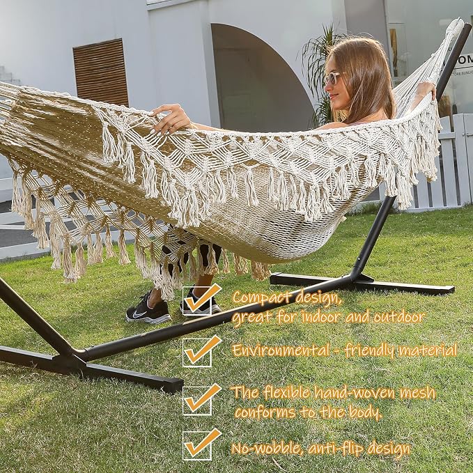 ZEAN Handwoven Hammock with Tassels by Thick Cotton Rope XL Two Person Hammock for Outside Patio Backyard Garden Beach 550LB Capacity - Image 4