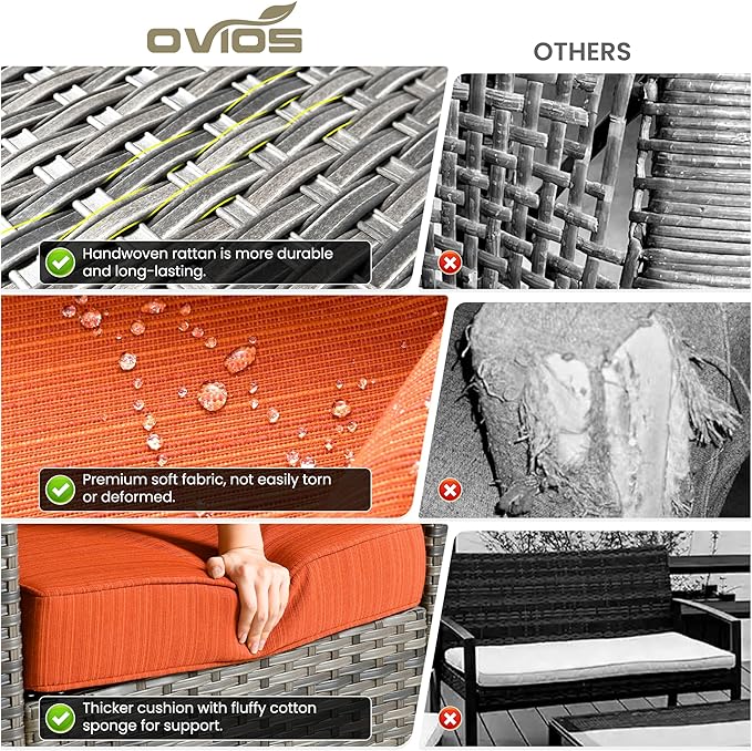 ovios Patio Furniture Set, 5 Pieces Outdoor Wicker Sofa Couch with Chairs, Ottomans and Comfy Cushions, All Weather High Back Rattan Conversation Set, Orange Red