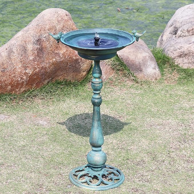 26.6" H Solar Bird Bath, Cast Iron Bird Bath and Solar Fountain, Outdoor Metal Bird Bath Bowl for Outdoors,Patio Yard Lawn Decor