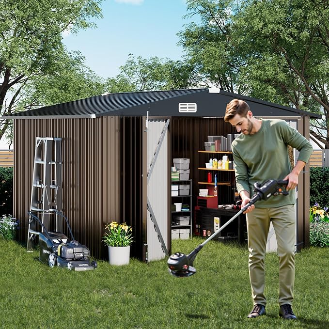 COMHOMA Shed Outdoor Storage Shed Metal,Lockable Doors Tool Sheds with Sloping Roof,Steel Garden Shed with Air Vent for Backyard,Patio,Lawn,Poolside (Brown, 10'x10') - Image 8