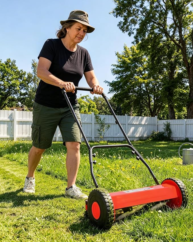 14-Inch Hand Push Reel Lawn Mower, 5-Blade Manual Push Lawnmower, 0.4-4" Adjustable Cutting Height, Lightweight for Small/Medium Yards, Easy Assembly, Compact & Quiet, Red - Image 2