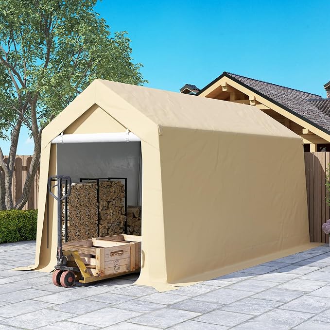 Outsunny 7' x 12' Portable Storage Shed Shelter, Heavy Duty Outdoor Shed, Waterproof Garden Storage Tent with Ventilation Window and Roll-up Zipper Door for Bike, Motorcycle, Garden Tools, Beige - Image 9