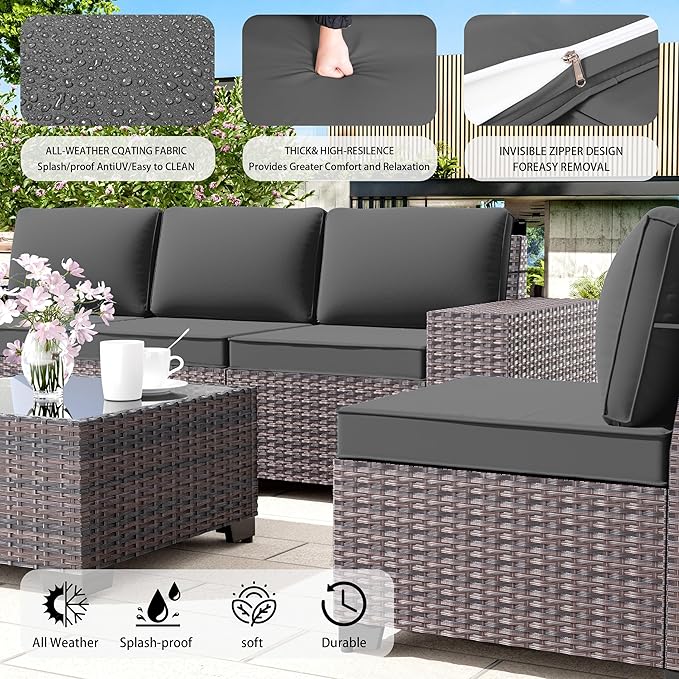 7 PCS Outdoor Patio Furniture Set,Outdoor Sectional Furniture with 43" 55000 BTU Gas Propane Fire Pit Table,All Weather PE Rattan Wicker Patio Conversation Set,Grey