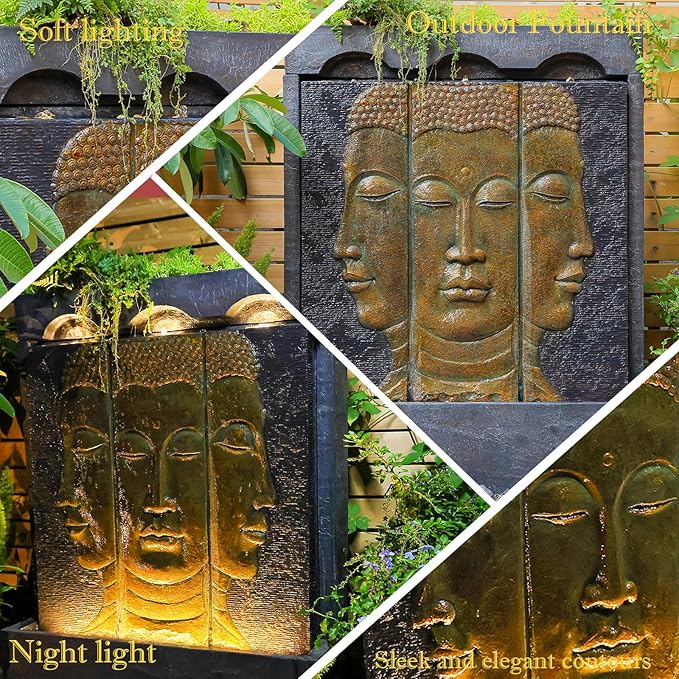 Zen Buddha Outdoor Fountain - Large Indoor Water Fountains Waterfall with Planting Groove Wall Water Feature for Garden Patio Backyard Deck Lawn Home Decor, 45 inchesTall, Gold