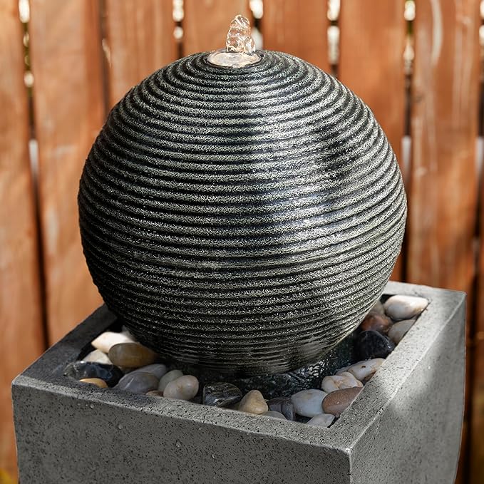 Glitzhome Modern Water Fountain Outdoor with LED Light, Oversized Geometric Outdoor Fountains and Waterfalls, Sphere Rock Fountain with Pebbles for Garden Backyard Patio, 40.5”H
