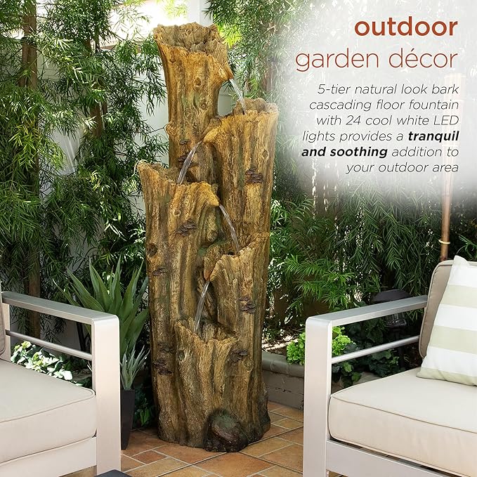 Alpine Corporation 65" Tall Outdoor 4-Tier Cascading Tree Bark Water Fountain with LED Lights