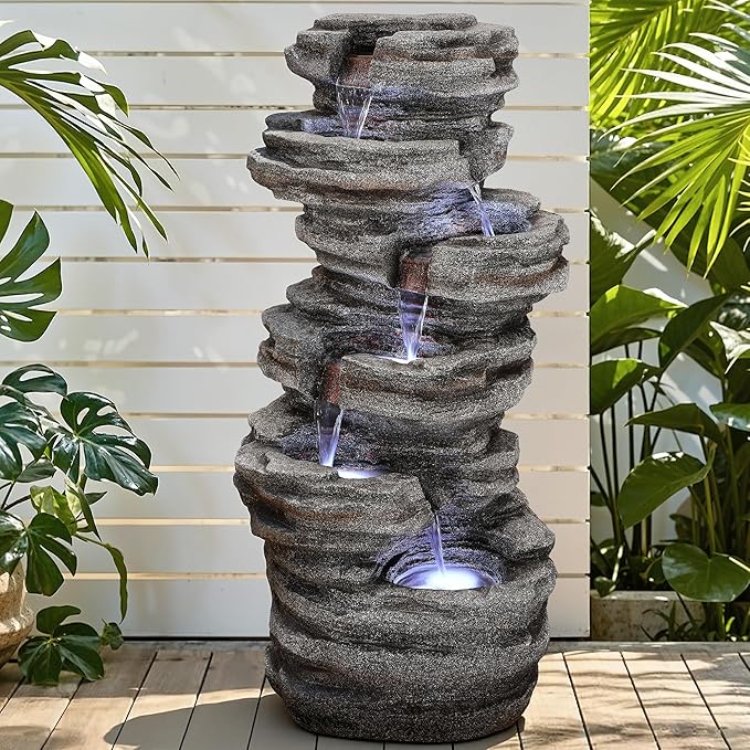40"H Stacked Stone Water Fountain Outdoor with LED Lights, 6-Tier Extra-Lage Cascading Rock Waterfall for Outdoor Patio Garden Backyard, Weather-Resistant Resin Water Feature for Serene Oasis