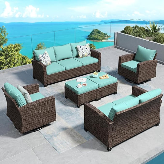 Swivel Glider Patio Furniture Set Outdoor Furniture Brown Wicker Rattan Patio Conversation Sets with Cushion Outside Sofa Set,6 Pieces 9 Seats,Blue