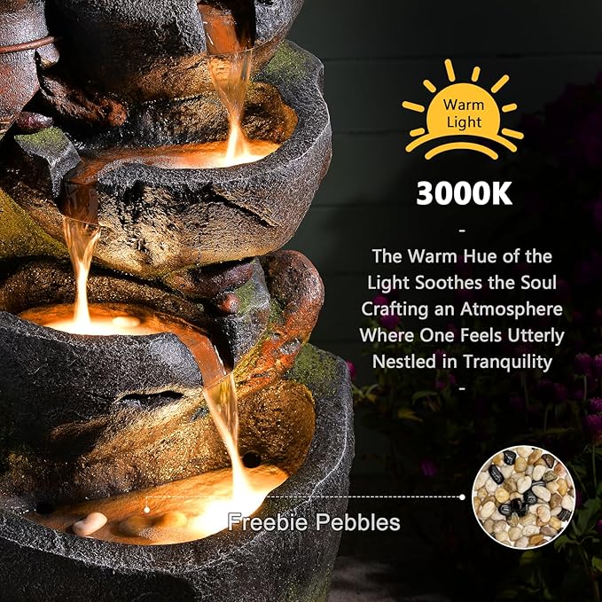 31.7" H Rock Jar Water Fountain Outdoor, 5-Tiers Cascading Outside Fountains and Waterfalls with 4 LED Lights for Patio, Deck, Porch, Backyard and Home Art Docor