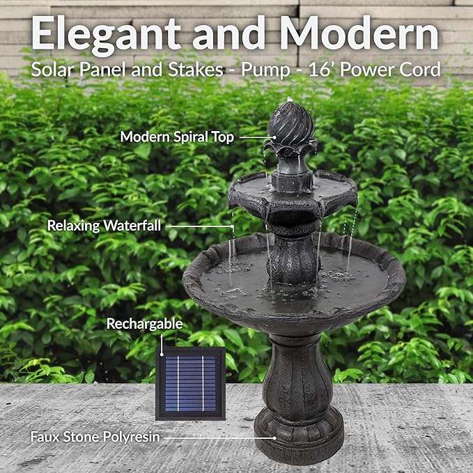 Sunnydaze 35" Solar 2-Tier Outdoor Water Fountain - Outdoor Water Fountain with Battery Backup and Pump - Black