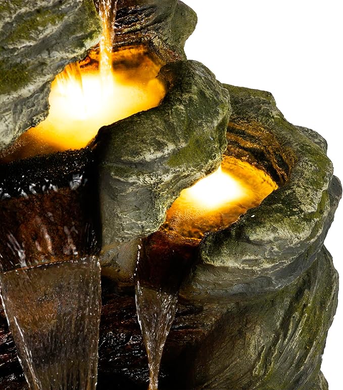 Alpine Corporation WIN1092 Outdoor Multitiered Rock Waterfall Floor Fountain with Warm White LED Lights, 51" Tall, Brown