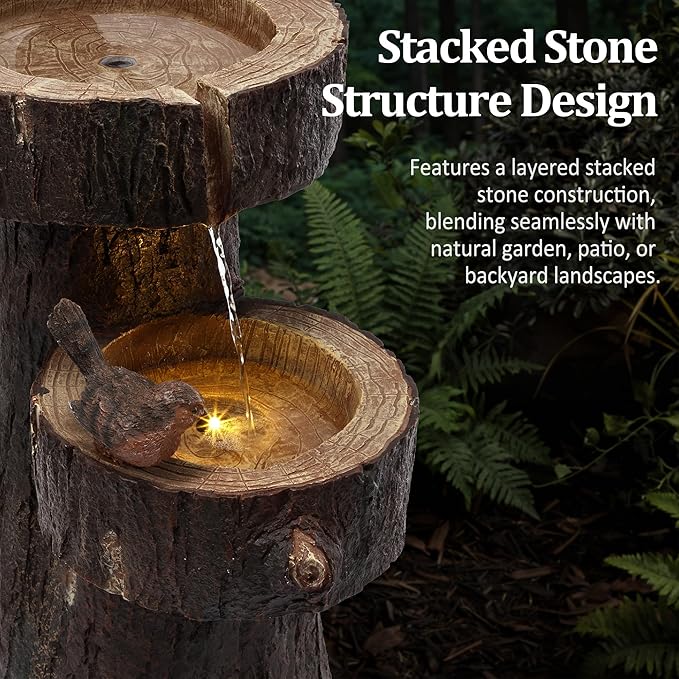 22.4" Tall Outdoor Water Fountain, 2 Tier Cascading Bowls and Stacked Water Fountain with LED Lights, for Yard Décor, Backyard, Patio and Deck (22.4'')