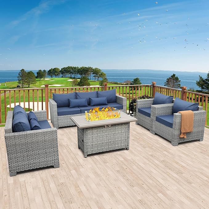 WAROOM Patio Furniture Set 5 Piece Outdoor Furniture with Fire Pit Table, Grey Wicker Sectional Sofa Couch Sets Backyard Deep Seating PE Rattan Chairs with Navy Blue Cushion