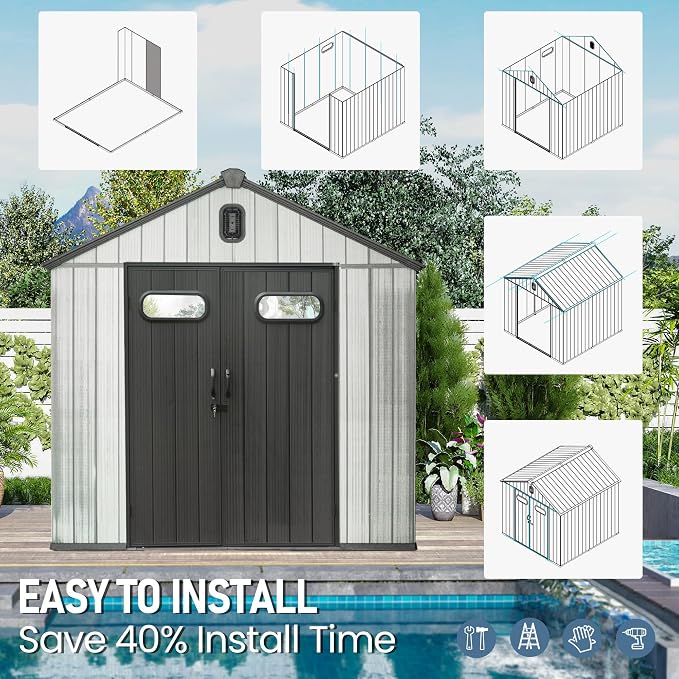 Domi 8x6 FT Outdoor Resin Storage Shed, All-Weather Double-Wall Storage Building for Backyard, Garden, Lawn Tools, Mower, Bike & Pool Equipment, Lockable Doors, Ventilated Roof, Grey - Image 9