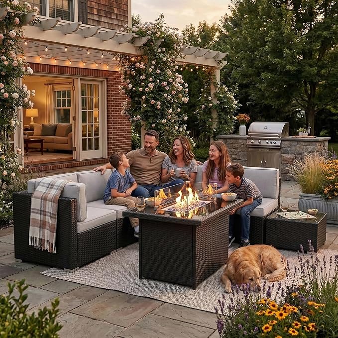8 Pieces Patio Furniture Set with 44" Propane Gas Fire Pit Table, Outdoor Sectional Wicker Conversation Sofa Sets with Coffee Table