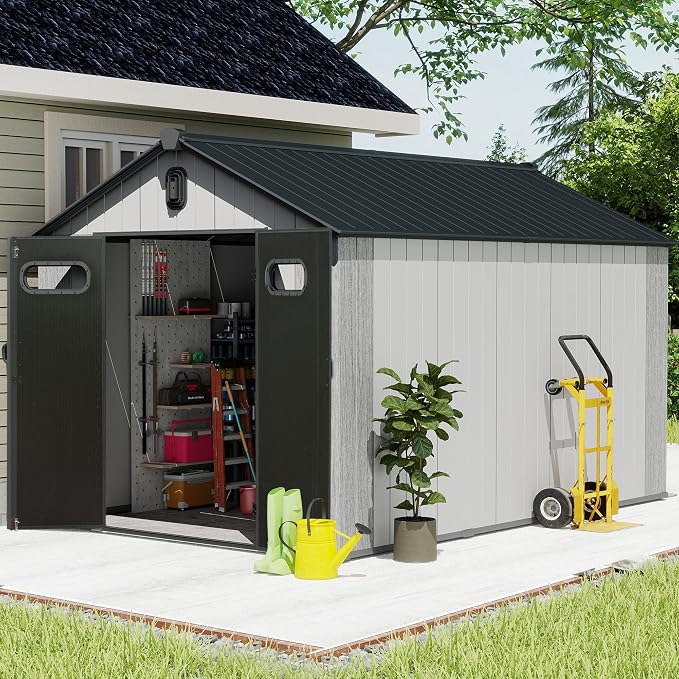 Domi 8x14 FT Outdoor Resin Storage Shed, All-Weather Double-Wall Storage Building with Lockable Doors and Ventilated Roof, Ideal for Lawn Tools, Bikes, Mowers, and Pool Equipment, Grey by domioutdoorliving