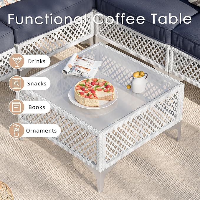 Vikiullf Patio Conversation Set, 7 Piece Outdoor Sectional Sofa Set with Coffee Table, White Wicker with Grey Cushions (White and Grey, 7 piece)