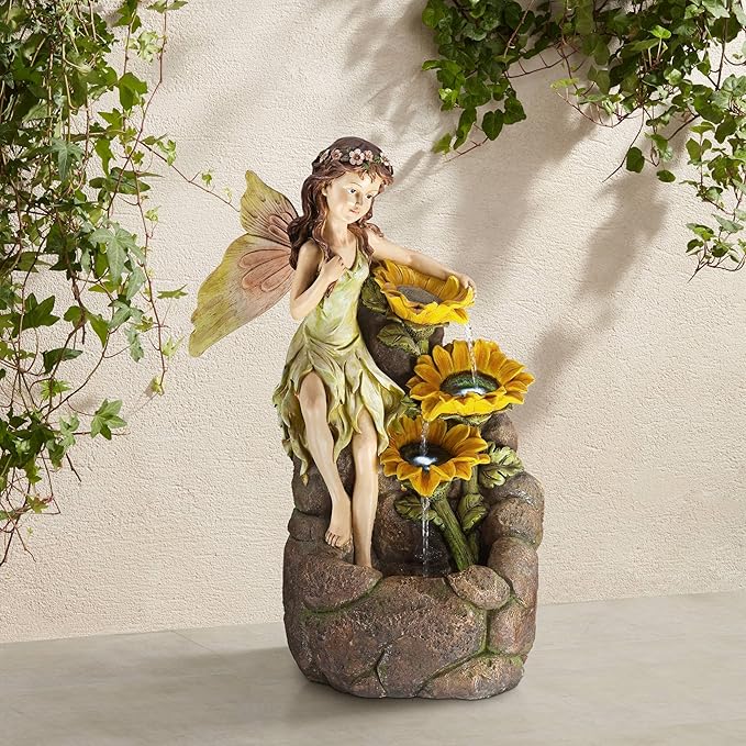 Garden Fairy with Sunflowers 26" High Large Modern Indoor Outdoor Cottage Core Decor Faux Stone Floor Fountain with Light LED Cascading Water Feature for Outside Patio Yard Backyard - John Timberland