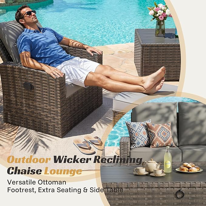 Outdoor Patio Furniture Set-6 All-Weather Wicker Outdoor Furniture with Patio Recliner Chairs Adjustable Back Outdoor Patio Conversation Sets for Garden Porch Deck Grey